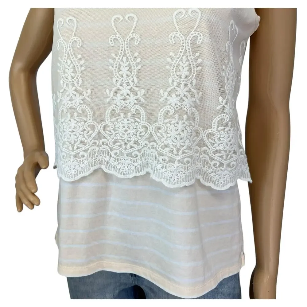 J. Crew Embroidered Overlay Striped Tank Top Peach Cream J2969 Size S